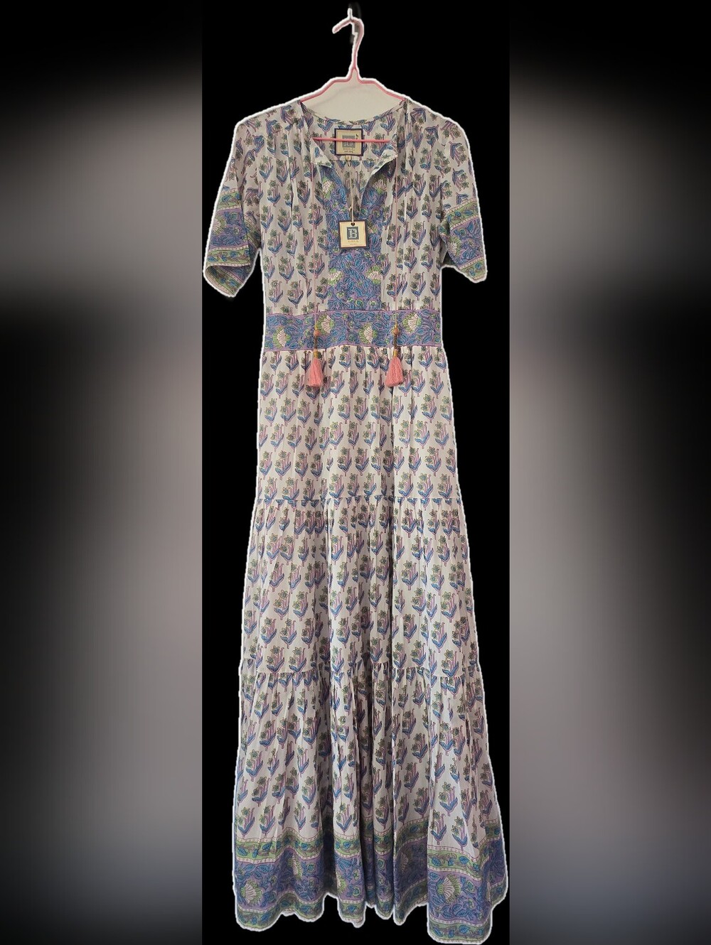 Alicia Bell Boho Embroidered Maxi Dress with Tassel Waist - Blue & Pink